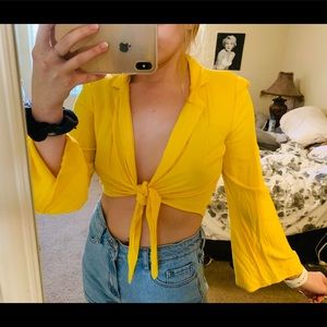 Yellow tie front long sleeve blouse